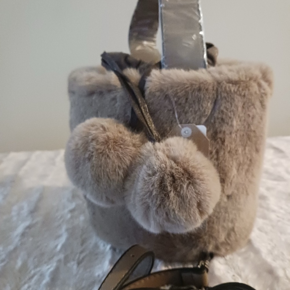 Pink Haley Tan Faux Fur Mini Bag with Pom Poms